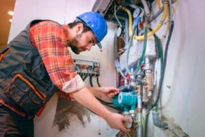  A man wearing a hard hat and safety vest is diligently working on a water heater installation.
